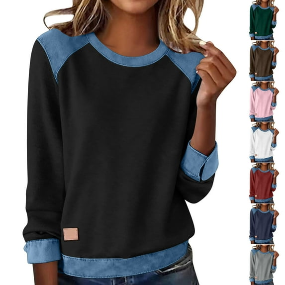 YanHoo Women's Denim Patchwork Sweatshirts Crew Neck Casual Long Sleeve Western Shirts Loose Fit Color Block Pullover Blouse Black,XL