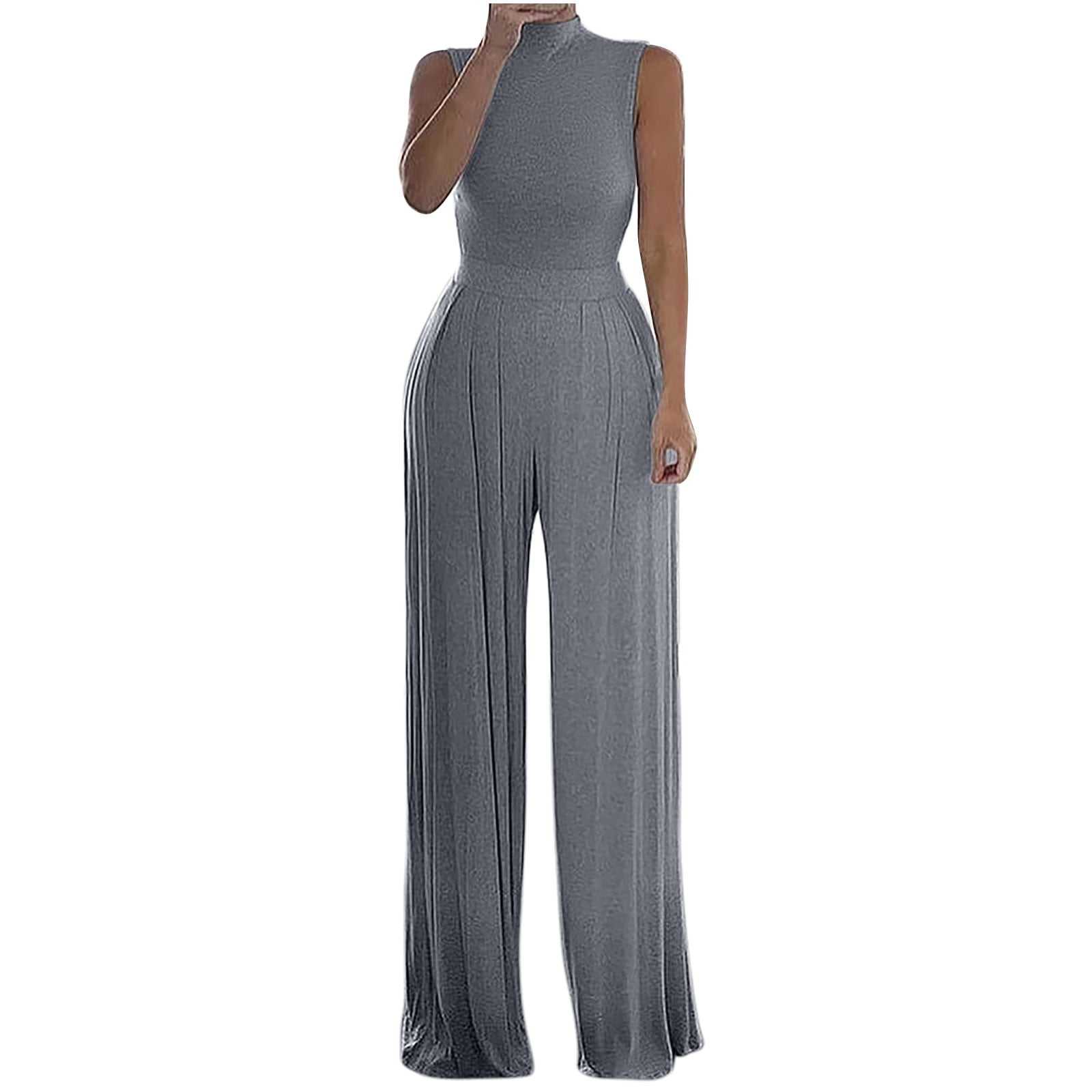 YanHoo Women's Dressy Jumpsuits High Collar Sleeveless Waist Wide Leg