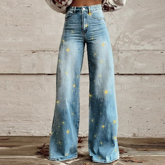 YanHoo Women's Floral Printed Jeans Wide Leg Baggy High Waisted Y2K Boyfriend Jean Denim Pants Distress Vintage Straight Leg Pants Yellow,XXXXL
