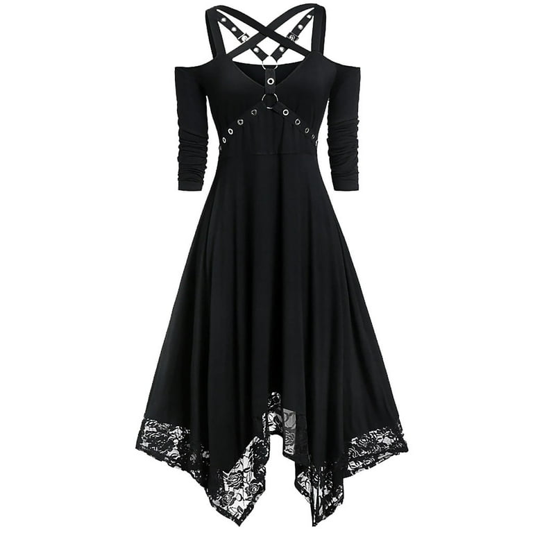  Sexy Gothic Clothes for Women Off The Shoulder Short Sleeve  High Low Cocktail Skater Dress Halloween Costumes Black : Sports & Outdoors
