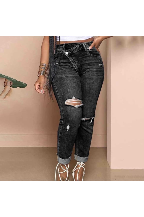 Women's High Waisted Casual Jeans Ripped Vintage Washed Denim Pants with Cuffed Hem Pull On Trendy Jeans with Pockets Black,S