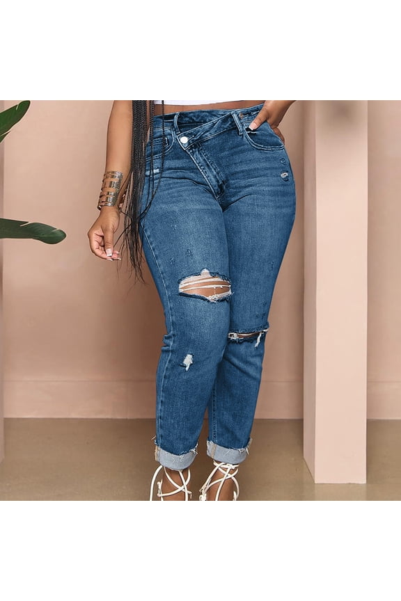 Women's High Waisted Casual Jeans Ripped Vintage Washed Denim Pants with Cuffed Hem Pull On Trendy Jeans with Pockets Dark Blue,XL