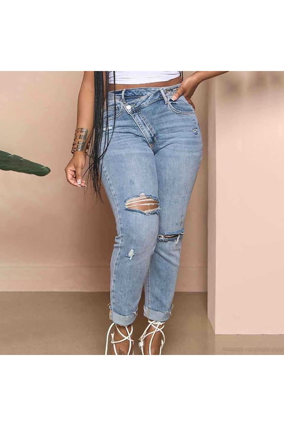Women's High Waisted Casual Jeans Ripped Vintage Washed Denim Pants with Cuffed Hem Pull On Trendy Jeans with Pockets Light Blue,S