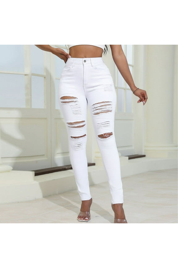 Women's High Waisted Stretchy Skinny Jeans Ripped Vintage Casual Pull On Denim Pants Leggings with Pockets White,M