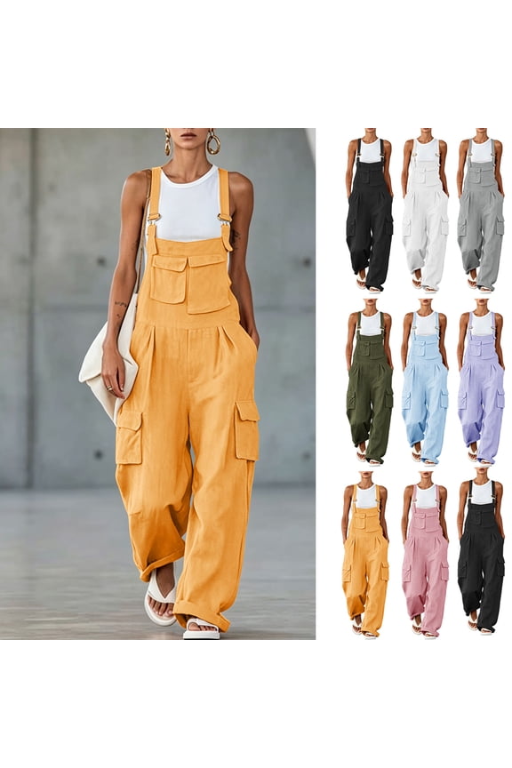 Women's Jumpsuits Adjustable Straps One Piece Overalls Casual Wide Leg Cargo Pants Rompers With Pockets