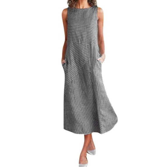 YanHoo Women's Linen Dresses Sleeveless Round Neck Tank Dress Summer Loose Casual Midi Dress with Pockets