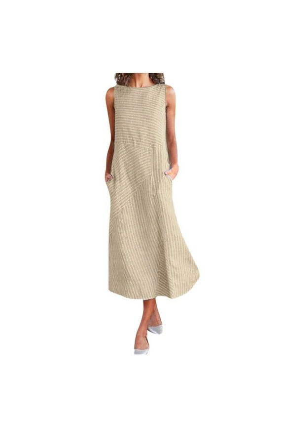 Women's Linen Dresses Sleeveless Round Neck Tank Dress Summer Loose Casual Midi Dress with Pockets