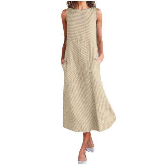 YanHoo Women's Linen Dresses Sleeveless Round Neck Tank Dress Summer Loose Casual Midi Dress with Pockets
