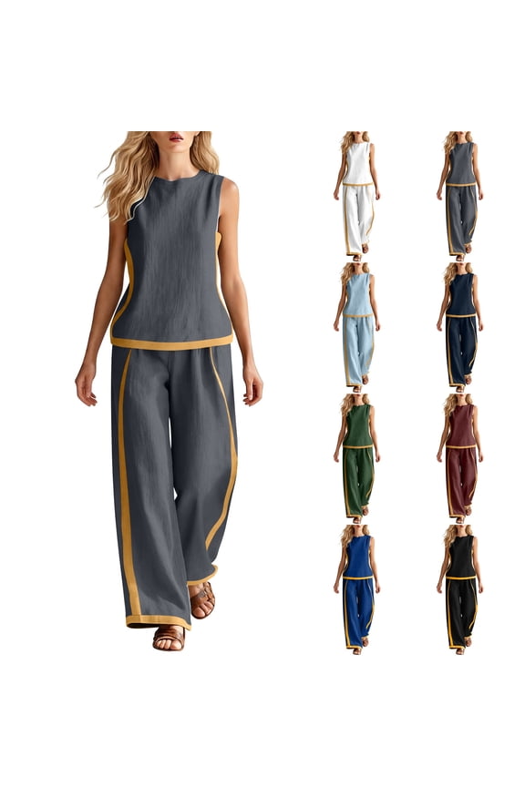 Women's Linen Sets Sleeveless Crewneck Tank Tops with Wide Leg Pants Summer Color Block Casual Set Outfits