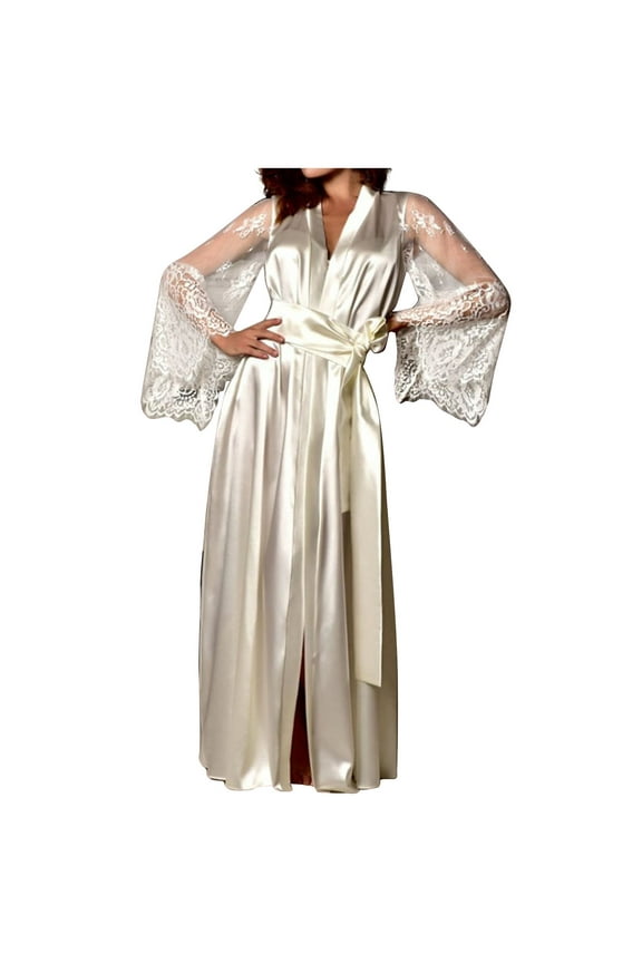 Women's Long Kimono Robes Lace Trim Bridesmaid Wedding Nightgown with Belt Plus Size Lightweight Soft Sleepwear