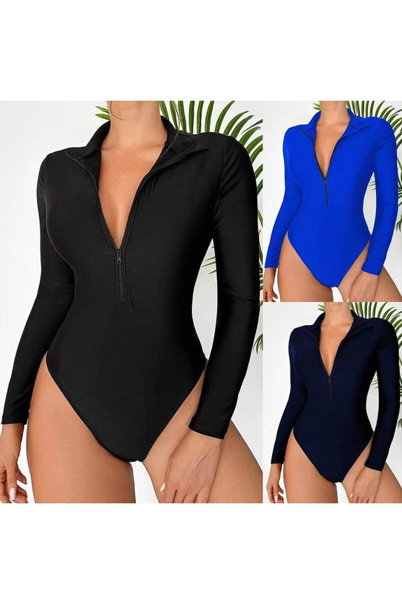 Women's Long Sleeve Rash Guard with Built in Bra One Piece Swimsuits Zip Front UV Protection Surfing Swimsuit Bathing Suit Navy,L