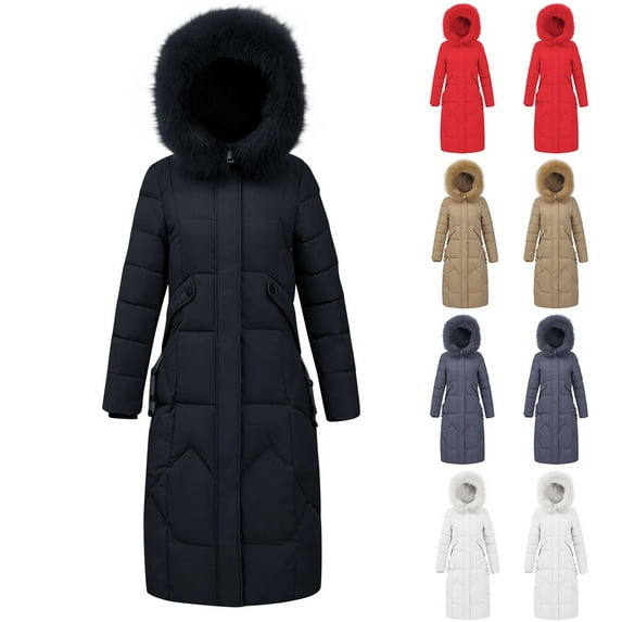 YanHoo Women's Long Winter Puffer Coat Warm Maxi Down Jacket Faux Fur Hood Parka Quilted Jackets Padded Ciats Outerwear Khaki,XXL