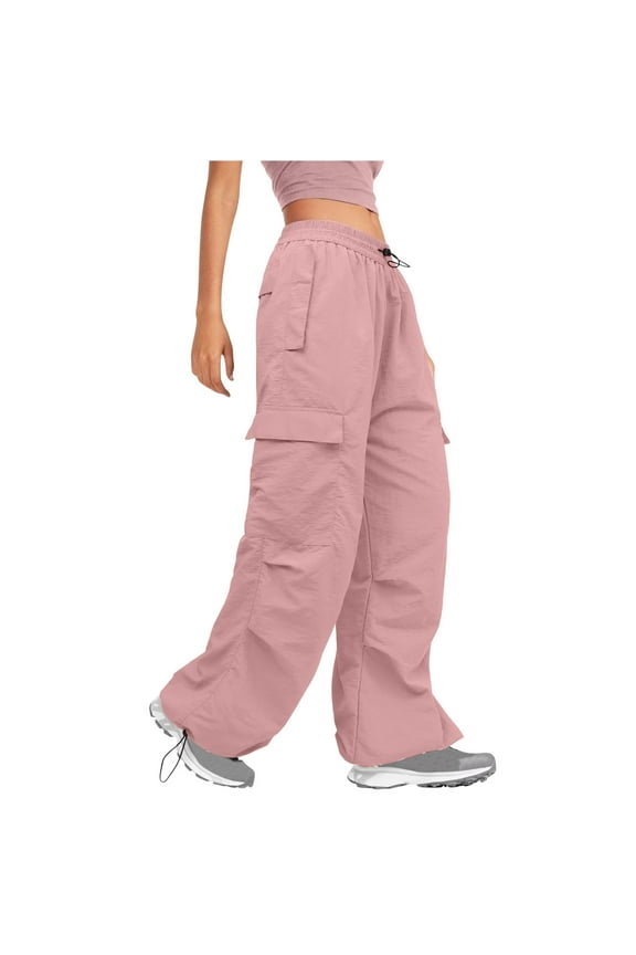 Women's Low Rise Cargo Pants Wide Leg Elastic Waist Baggy Trouser Teen Girls Drawstring Ankle Cuff Y2K Streetwear Cargo Pants with Multi Pocket