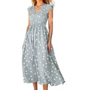 YanHoo Women's Maxi Dresses Ruffle Sleeveless V Neck Dot Print Waist Dress Summer Casual Long Dress