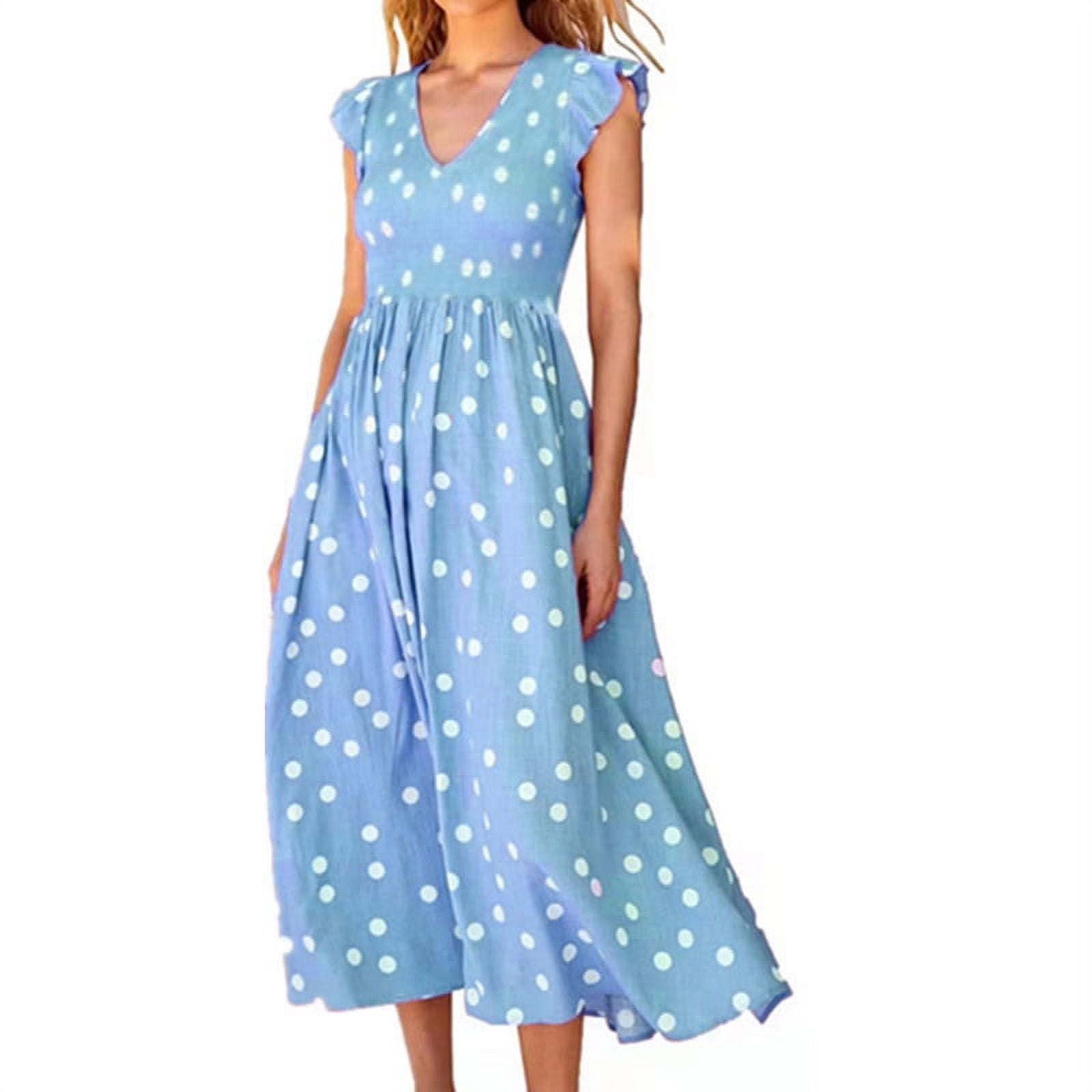 YanHoo Women's Maxi Dresses Ruffle Sleeveless V Neck Dot Print Waist