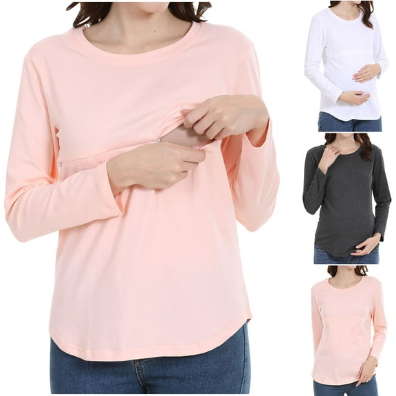 YanHoo Women's Nursing Tops Loose Fit Long Sleeves Maternity Shirts with Hidden Zipper Plus Size Breastfeeding Shirts Spring Comfy Soft Pregnancy Clothes Pink,XXXL