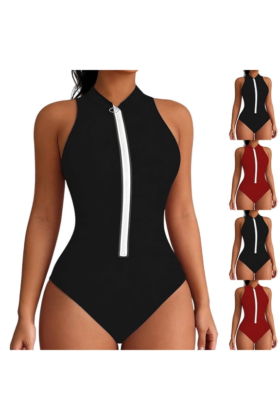 Women's One Piece Swimsuits Rash Guard Sun Protection Surfing Swimsuit Sleeveless Zipper Bathing Suit Swimwear