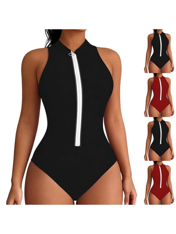 Women's One Piece Swimsuits Rash Guard Sun Protection Surfing Swimsuit Sleeveless Zipper Bathing Suit Swimwear