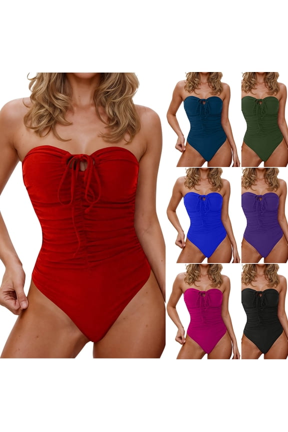 Women's One-Piece Swimsuits Strapless Bathing Suits Ruched Halter Bandeau Swimwear Tummy Control Monokini Swim Suits Blue,L