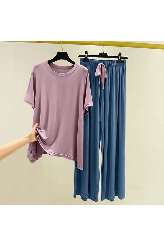 Women's Pajama Set 2 Piece Petite Lounge Outfits Sleepwear Loose Fit Short Sleeve Shirts Elastic Waist Long Pant Pjs Loungewear