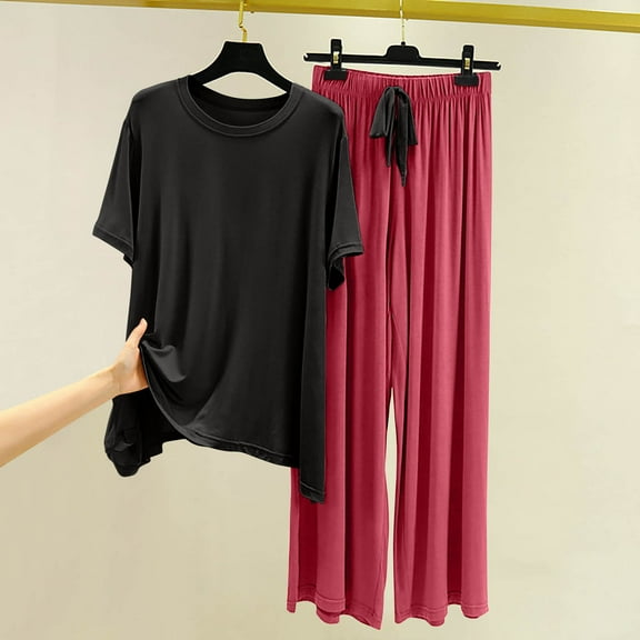 YanHoo Women's Pajama Set 2 Piece Petite Lounge Outfits Sleepwear Loose Fit Short Sleeve Shirts Elastic Waist Long Pant Pjs Loungewear