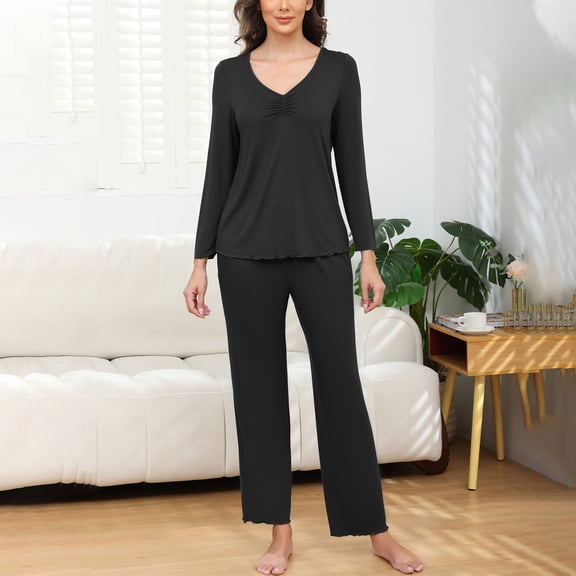 YanHoo Women's Pajama Set V Neck Pleated 2 Piece Lounge Outfits Sleepwear Long Sleeve Long Pant Ladies Pjs Sets