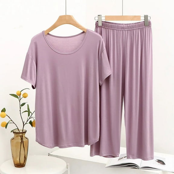 YanHoo Women's Petite Pajama Sets 2 Piece Ladies Short Sleeve Crewneck Pjs Long Pants Loungewear Soft Sleepwear