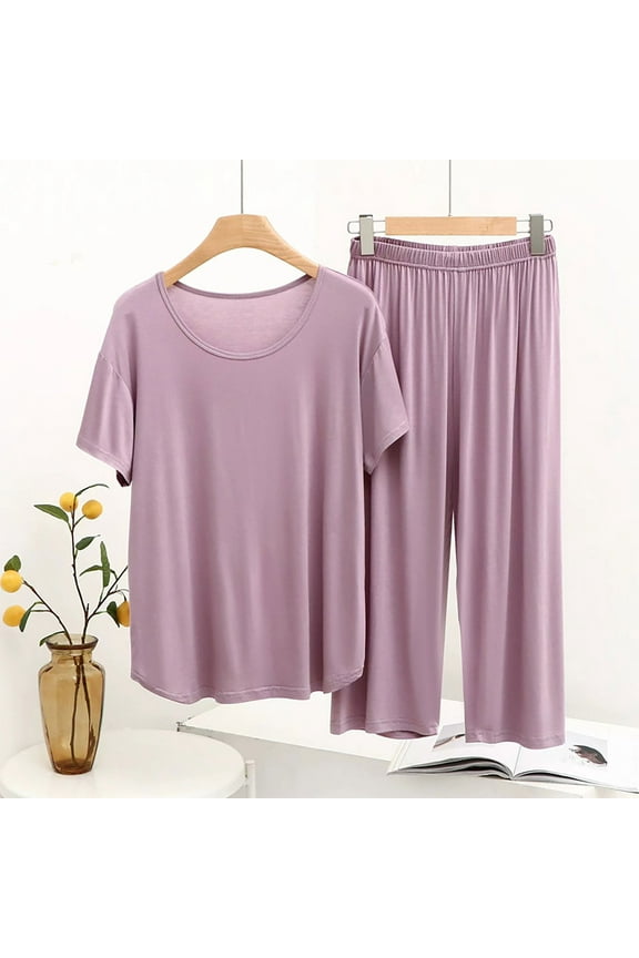 Women's Petite Pajama Sets 2 Piece Ladies Short Sleeve Crewneck Pjs Long Pants Loungewear Soft Sleepwear