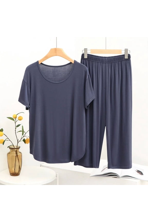 Women's Petite Pajama Sets 2 Piece Ladies Short Sleeve Crewneck Pjs Long Pants Loungewear Soft Sleepwear