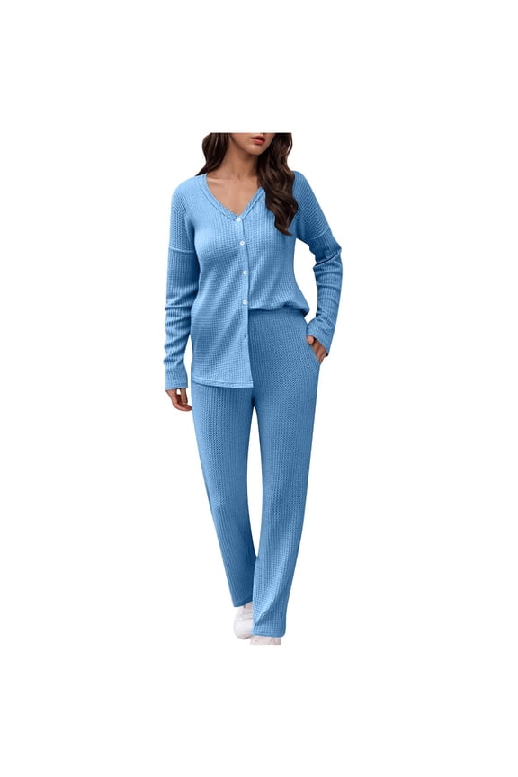 Women's Petite Pajama Sets Waffle Long Sleeve Button Down Sleepwear Nightwear Soft Pjs Lounge Sets S-XL