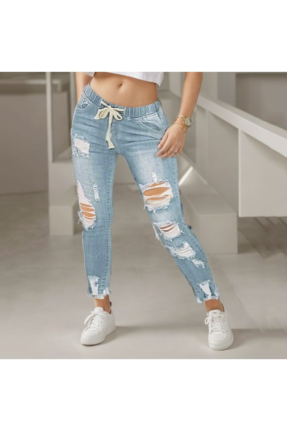 Women's Petite Straight Leg Jean Raw Hem Skinny Jeans Vintage Drawstring Elastic Waist Ripped Ankle Denim Pants Light Blue,S