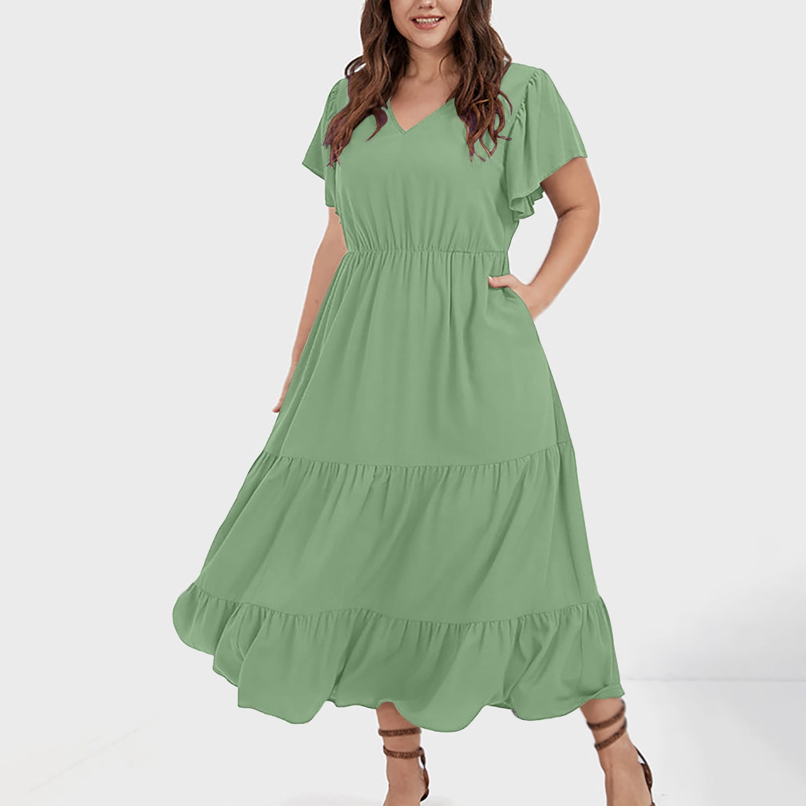YanHoo Women's Plus Size Dresses Ruffle Short Sleeve V Neck