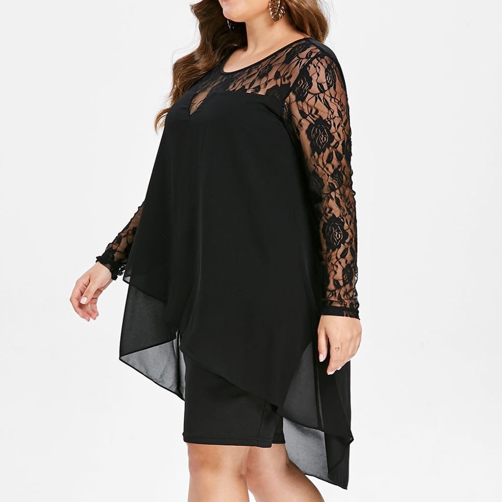 YanHoo Women's Plus Size Dresses Sexy Sheer Mesh Lace Long Sleeve Midi
