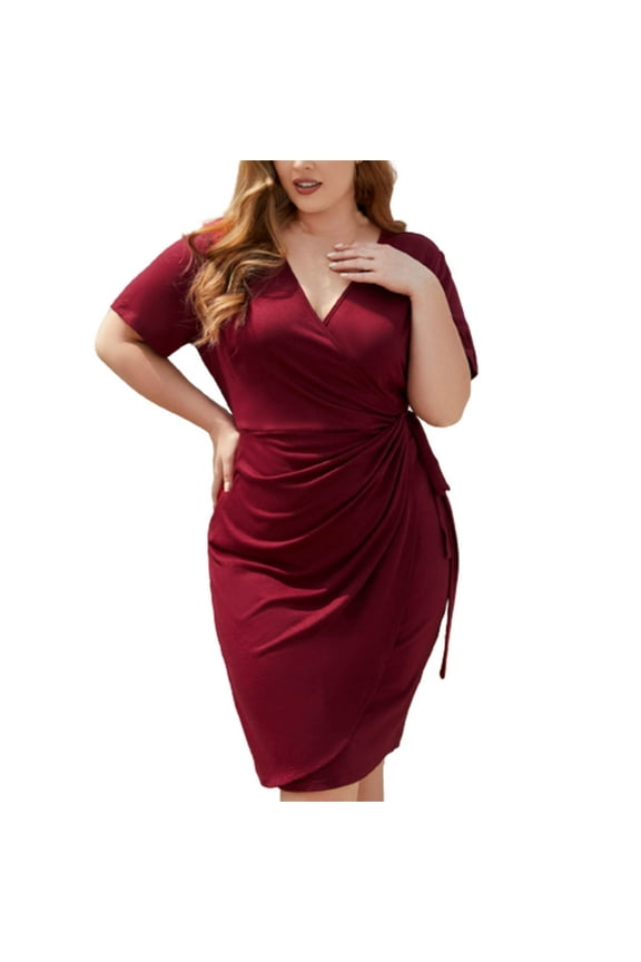 Women's Plus Size Dresses Sexy V Neck Short Sleeve Ruched Bodycon Dress Loose Summer Evening Midi Dress