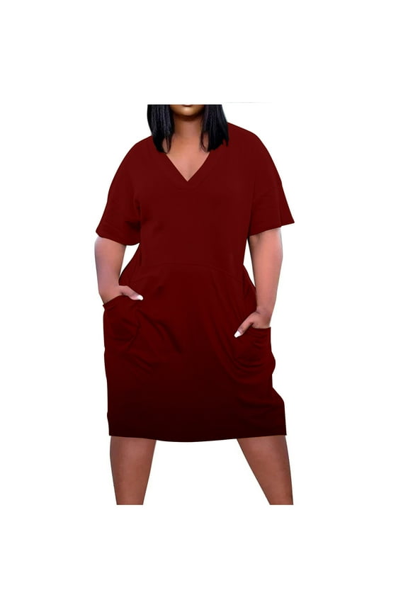 Women's Plus Size Dresses Short Sleeve V Neck Sundress Loose Casual T-Shirt Dress with Pockets