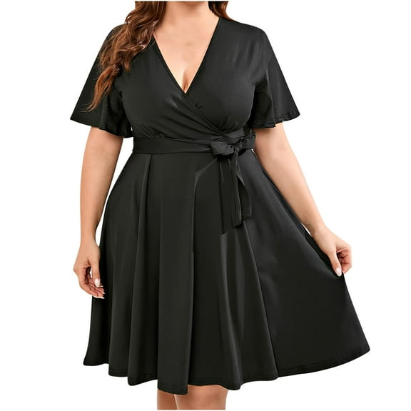 YanHoo Women's Plus Size Dresses Short Sleeve V Neck Waist Belt Mini Dress Loose Summer Casual Swing Dress