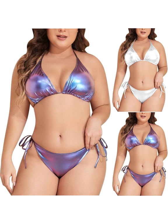 Women's Plus Size Metallic Triangle Bikini Sets Halter String Two Piece Swimsuit Tie Side Bathing Suit Beach Vacation Swimwear