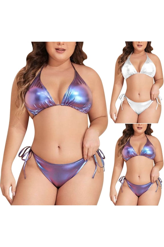 YanHoo Women's Plus Size Metallic Triangle Bikini Sets Halter String Two Piece Swimsuit Tie Side Bathing Suit Beach Vacation Swimwear