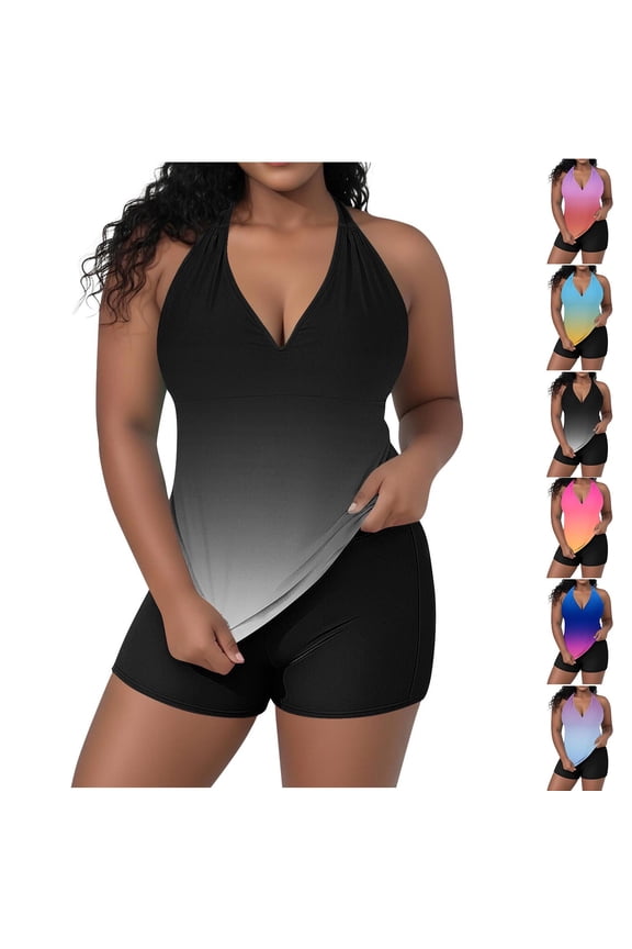 Women's Plus Size Tankini Set Two Piece Swimsuits Halter Neck Bathing Suits with Shorts Modest Tummy Control Swimwear