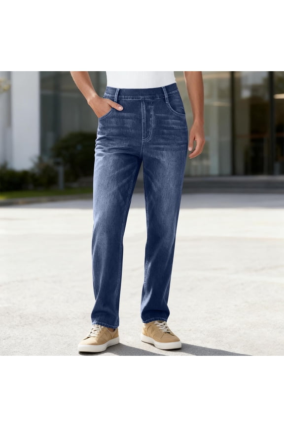 Women's Pull-On Wide Leg Jeans Elastic Waist Straight Leg Denim Pants with Pockets Stretchy Casual Jeans Dark Blue,S