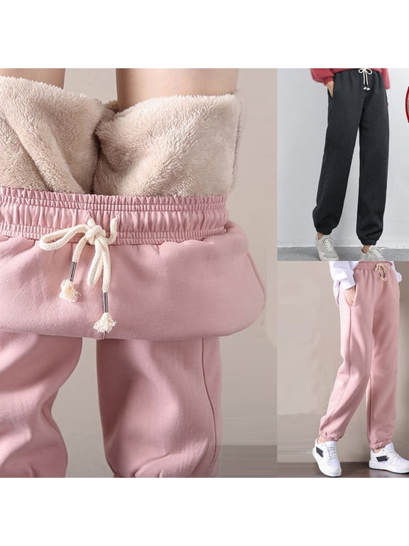 Women's Sherpa Lined Sweatpants Winter Elastic Waisted Drawstring Joggers Warm Athletic Sweat Pants with Pockets