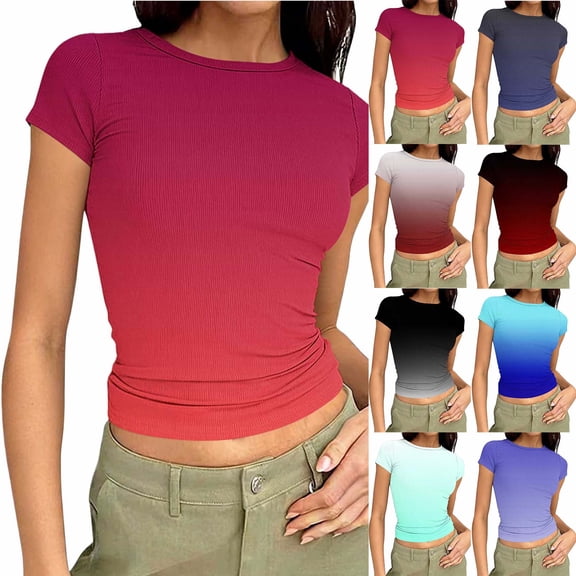 YanHoo Women's Short Sleeve Ribbed Knit Spring Shirts Gradient Color Slim Fit Going Out Crop Tops Crew Neck Basic T-Shirts Y2k Tops Red,XL