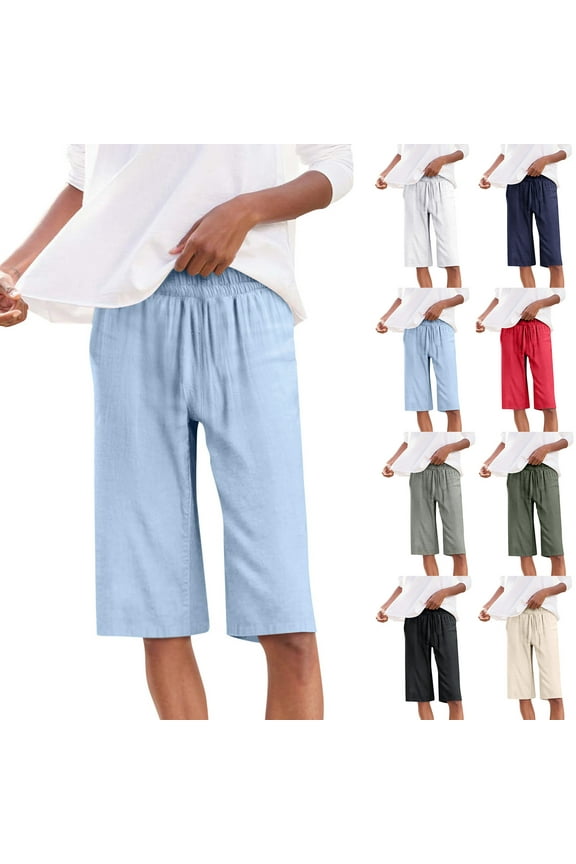Women's Shorts Bermuda Cotton Gauze Knee Length Shorts Elastic Waist Beach Short Summer Solid Half Pants with Pockets Light Blue,S
