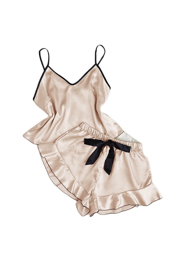 Women's Silk Satin Ruffled Pajamas Sets V-Neck Cami Top and Shorts Sets 2 Pieces Silky Pajamas Sleepwear