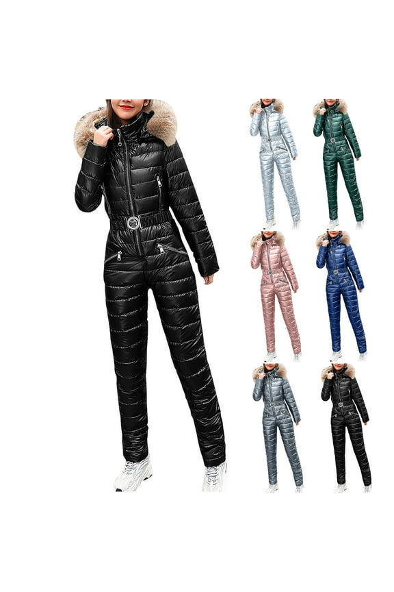 Women's Ski Suit One Piece Jumpsuits Waterproof Snowsuits Winter Snow Snowboarding Suits Faux Fur Collar Puffy Coat Jumpsuit