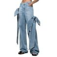 thumbnail image 1 of YanHoo Women's Straight Wide Leg Jeans High Waisted Stretchy Distressed Patchwork Bow Denim Pants with Pockets Blue,XXL, 1 of 5