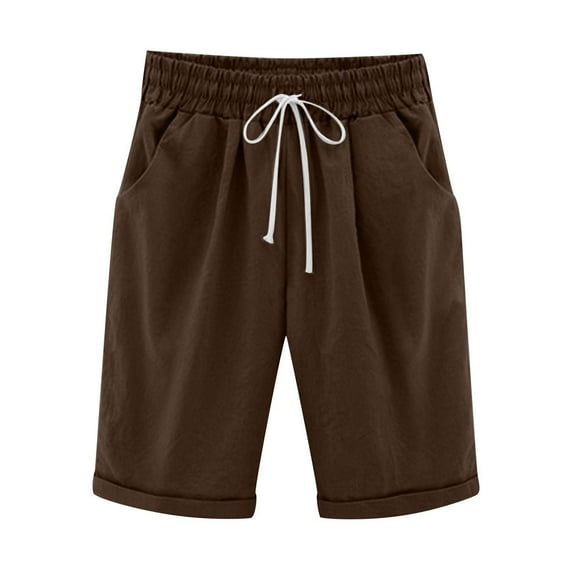 YanHoo Women's Summer Large Size Shorts Linen High Waist Straight Five Points Pants Drawstring Elastic Shorts