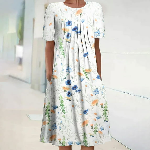 YanHoo Women's Sundress Summer Short Sleeve Crew Neck T-Shirt Dress Loose Casual Floral Print Midi Dress with Pockets