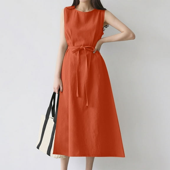 YanHoo Women's Tank Dresses Linen Sleeveless Crew Neck Tie Waist Midi Dress Summer Casual Solid Dress