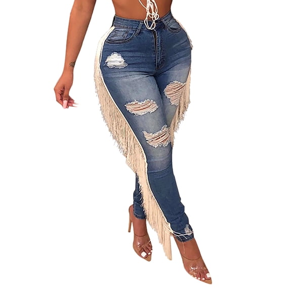 YanHoo Women's Tassel Ripped Skinny Jeans High Waisted Distressed Destroyed Long Fringe Denim Pants Hip Hop Streetwear Blue,L